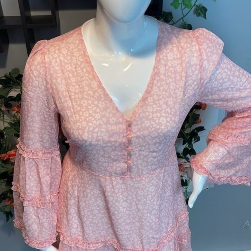 Cupshe Boho Style Varadero‎ Pink V-neck Bell Sleeve Romantic Ditsy Dress size L - Picture 9 of 16